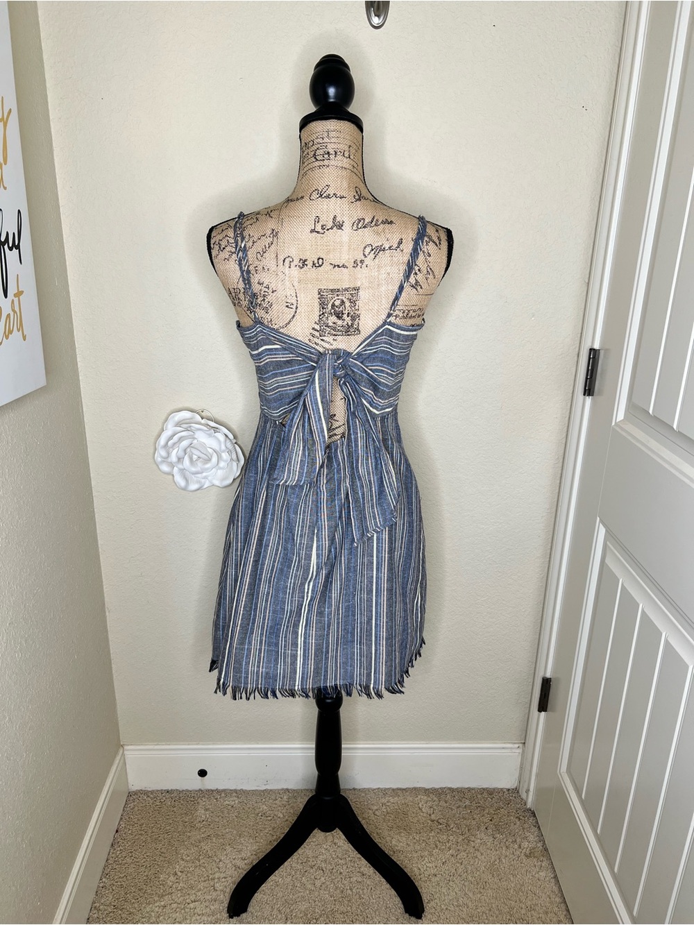 NTM: American Threads Blue Striped Tie Back Mini Dress Open Back Size Large - Picture 10 of 15